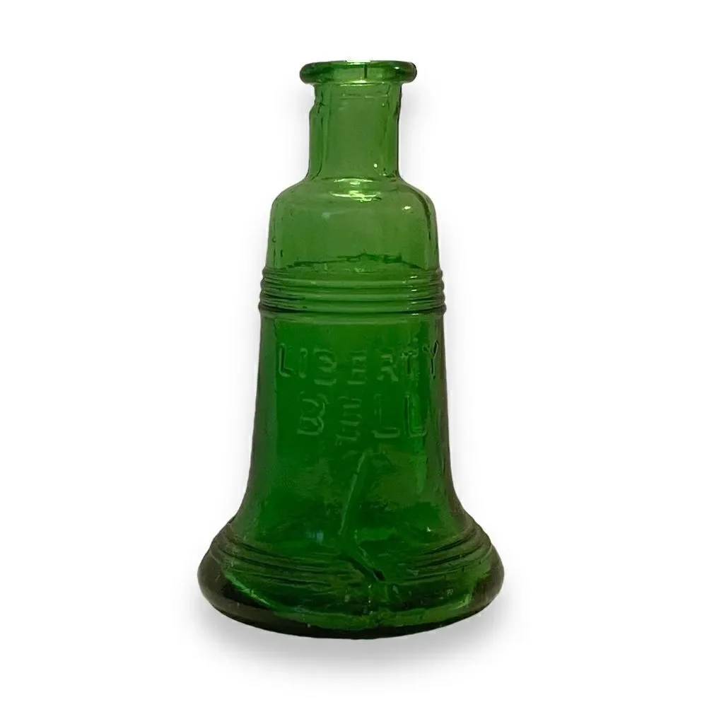 Vintage Wheaton Glass Liberty Bell Miniature Green Bottle